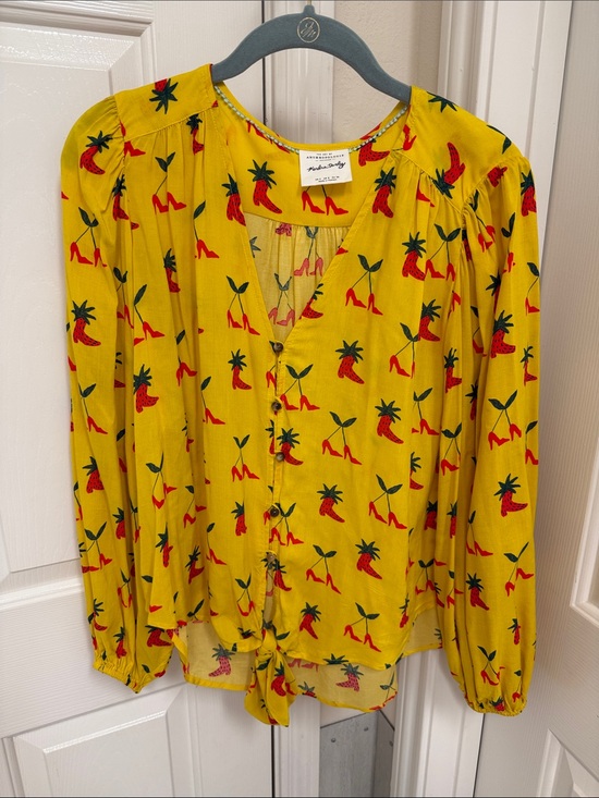 Anthropologie Tops - Anthropologie Kendra Dandy Yellow Button Front Blouse with Red Chili Print